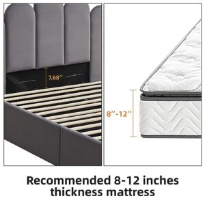 QNZK Full Size Lift Up Storage Bed, Velvet Headboard Upholstered Platform Bed Frame with Hydraulic Storage System & Wooden Slats Support, No Box Spring Needed, Under Bed Storage, Grey