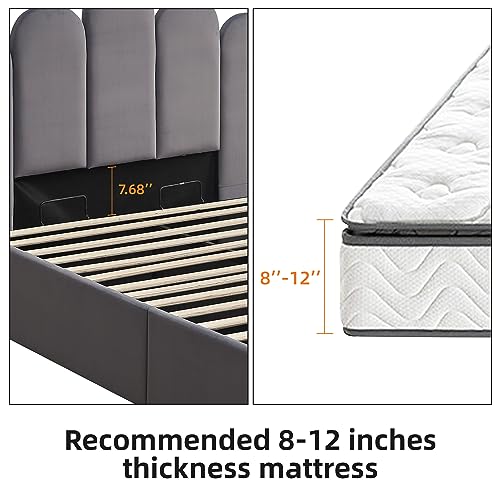 QNZK Full Size Lift Up Storage Bed, Velvet Headboard Upholstered Platform Bed Frame with Hydraulic Storage System & Wooden Slats Support, No Box Spring Needed, Under Bed Storage, Grey