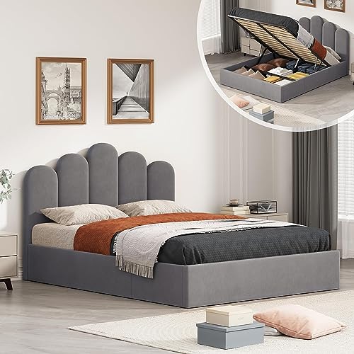 QNZK Full Size Lift Up Storage Bed, Velvet Headboard Upholstered Platform Bed Frame with Hydraulic Storage System & Wooden Slats Support, No Box Spring Needed, Under Bed Storage, Grey