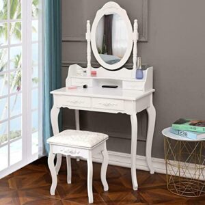 Dressing Table, 4 Drawers with Mirror Makeup Dressing Table Set White Bedroom Dressing Furniture, Small Vanity Table for Bedroom, White Vanity Desk，Small Vanity CYJCFCDUS