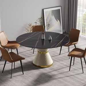 modern 59" marble dining table, multifuntional round table for 6, black sintered stone tabletop dining table with carbon steel base, dining room table for kitchen reception room, black top&white legs