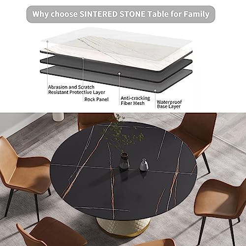 Modern 59" Marble Dining Table, Multifuntional Round Table for 6, Black Sintered Stone Tabletop Dining Table with Carbon Steel Base, Dining Room Table for Kitchen Reception Room, Black Top&White Legs