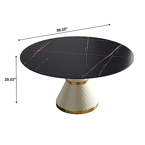 Modern 59" Marble Dining Table, Multifuntional Round Table for 6, Black Sintered Stone Tabletop Dining Table with Carbon Steel Base, Dining Room Table for Kitchen Reception Room, Black Top&White Legs