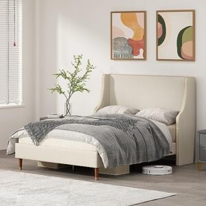 qnzk upholstered platform bed frame with linen headboard, golden pvc material edge, metal frame wooden slat support, no box spring needed, wood foot easy to assemble & noiseless (beige, full)