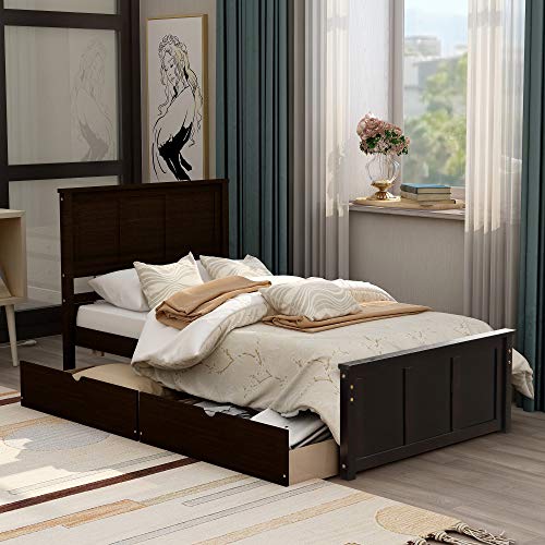 Twin Size Platform Bed with 2 Storage Drawers, Upholstered Wooden Bed Frame with Headboard, Wood Slats Support for Boys/Girls/Adult, No Box Spring Need, Gray (Espresso)