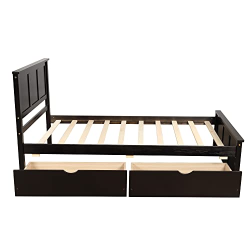 Twin Size Platform Bed with 2 Storage Drawers, Upholstered Wooden Bed Frame with Headboard, Wood Slats Support for Boys/Girls/Adult, No Box Spring Need, Gray (Espresso)