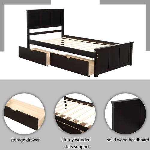 Twin Size Platform Bed with 2 Storage Drawers, Upholstered Wooden Bed Frame with Headboard, Wood Slats Support for Boys/Girls/Adult, No Box Spring Need, Gray (Espresso)