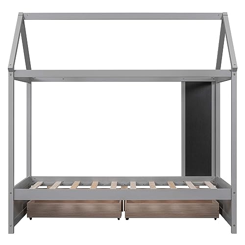 DUNTRKDU Twin Size House Bed Frame with 2 Storage Drawers & Blackboard, Wooden Platform Bed Frame with Sturdy Wooden Slats Support, No Box Spring Needed for Bedroom Boys Girls Teens Room (Gray)