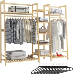 mostmahes strong solid wood clothing garment rack, double rod hanging clothes rack heavy duty, free-standing multifunctional clothing rack with 10 pack hangers (9-tier)