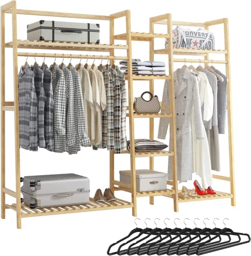 Mostmahes Strong Solid Wood Clothing Garment Rack, Double Rod Hanging Clothes Rack Heavy Duty, Free-Standing Multifunctional Clothing Rack with 10 Pack Hangers (9-Tier)