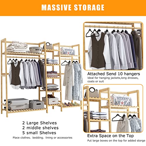 Mostmahes Strong Solid Wood Clothing Garment Rack, Double Rod Hanging Clothes Rack Heavy Duty, Free-Standing Multifunctional Clothing Rack with 10 Pack Hangers (9-Tier)