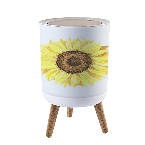 Watercolor Sunflower Inspirational Art Trash Can White Yellow Garden Round Farmhouse Garbage Bin with Lid Press Cover Wastebasket for Bedroom Kitchen Living Room Dorm 7L/1.8 Gallon