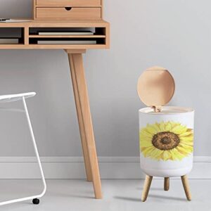 Watercolor Sunflower Inspirational Art Trash Can White Yellow Garden Round Farmhouse Garbage Bin with Lid Press Cover Wastebasket for Bedroom Kitchen Living Room Dorm 7L/1.8 Gallon