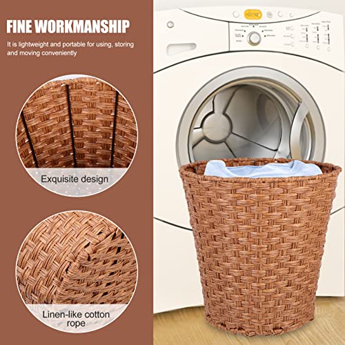 Cabilock Wicker Waste Basket Woven Trash Can Round Decorative Garbage Waste Bin Plastic Dirty Clothes Basket Storage Basket for Bedroom Bathroom Kitchen Home Office Light Brown