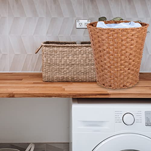 Cabilock Wicker Waste Basket Woven Trash Can Round Decorative Garbage Waste Bin Plastic Dirty Clothes Basket Storage Basket for Bedroom Bathroom Kitchen Home Office Light Brown