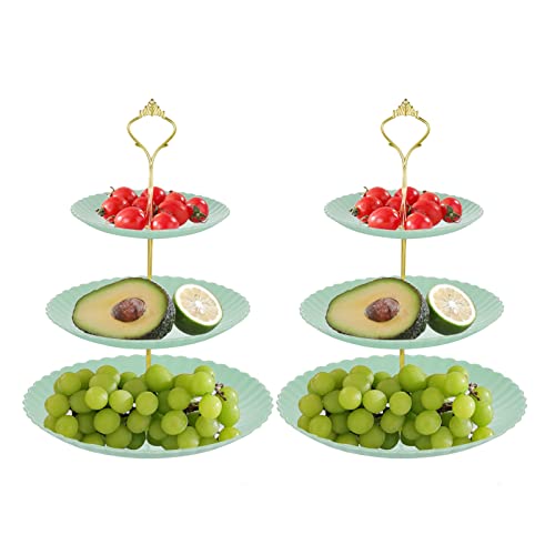 2pcs 3 Tier Shell Style Dessert Stands Fruit Plates for Wedding Baby Shower Birthday Tea Party Serving Platter (Green)