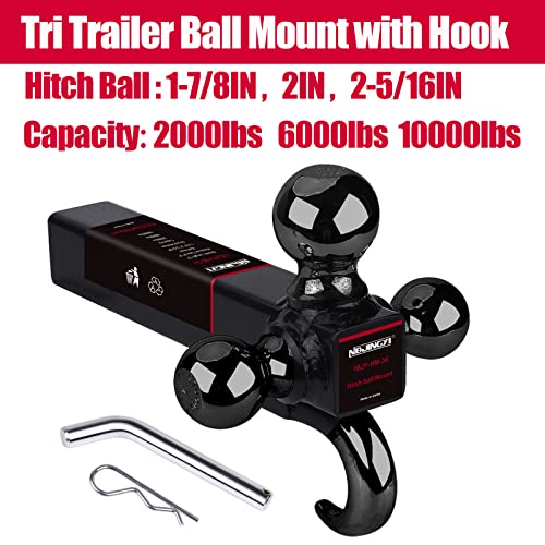 2" Trailer Hitch Tri Ball Mount with Hook 1-7/8", 2", 2-5/16" Black Plated Balls and Hook with Pin
