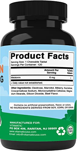 Vitamatic Melatonin for Dogs - 6 mg - 120 Beef Flavored Chewable Tablets ((Pack of 1))