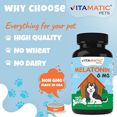 Vitamatic Melatonin for Dogs - 6 mg - 120 Beef Flavored Chewable Tablets ((Pack of 1))