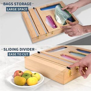 lesolar Foil and Plastic Wrap Organizer,Plastic Wrap Dispenser with Cutter and Ziplock Bag organizer,kitchen drawer organizer,Wall Mounted 6 in 1 Bamboo Ziplock Bag Storage Organizer for Gallon, Quart, Sandwich,Snack,Cling Film,Wax and Aluminum Foil