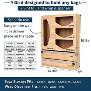 lesolar Foil and Plastic Wrap Organizer,Plastic Wrap Dispenser with Cutter and Ziplock Bag organizer,kitchen drawer organizer,Wall Mounted 6 in 1 Bamboo Ziplock Bag Storage Organizer for Gallon, Quart, Sandwich,Snack,Cling Film,Wax and Aluminum Foil