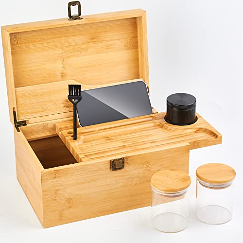 TrendySupply Storage Box with Movable Tray, Smell Proof Jar, Premium Decorative Wooden Bamboo Box, Extra Large Storage Space for Accessories (Original)