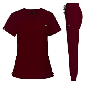 niaahinn scrub set for women- scrubs top workwear yoga jogger scrub pants nursing uniform (burgundy, m)