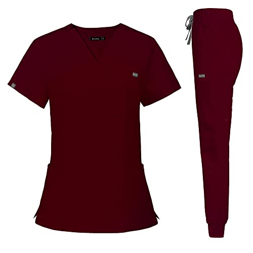 niaahinn Scrub Set for Women- Scrubs Top Workwear Yoga Jogger Scrub Pants Nursing Uniform (Burgundy, M)