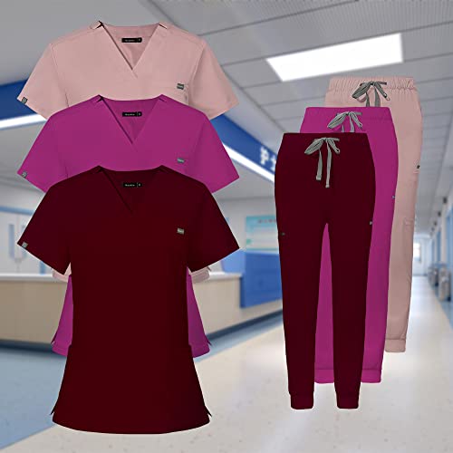 niaahinn Scrub Set for Women- Scrubs Top Workwear Yoga Jogger Scrub Pants Nursing Uniform (Burgundy, M)