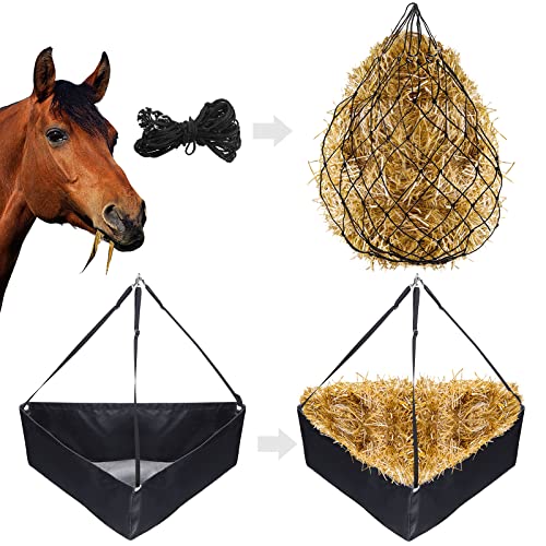 Glarks 2Pcs Large Capacity Horse Corner Hay Feeder and Horse Hay Net Set, 34.3" x 23.6" x 19.7" Black Deep Corner Hay Bag with 36" Ultra Slow Feed Hay Net for Trailer and Stall, Simulates Grazing