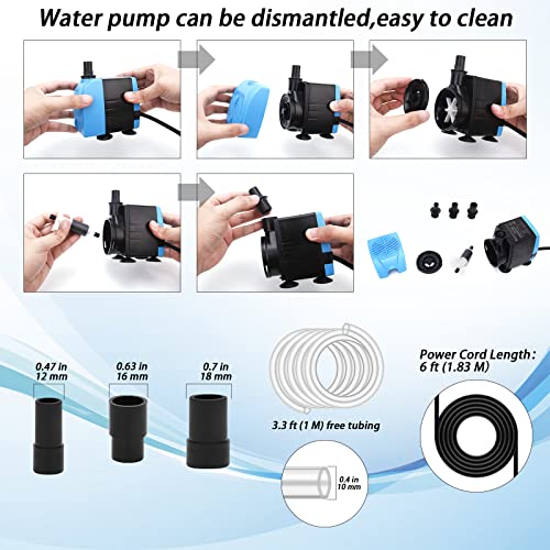 HUWLUIWA 120GPH Submersible Water Pump with 3.3 ft Tube,6W Mini Ultra Quiet Fountain Water Pump with 3 Nozzles for Aquariums, Pond, Fish Tank, Water Feature