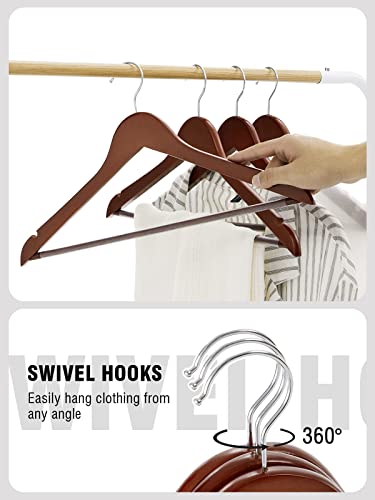 Solid Natural Wooden Coat Hangers, 20 Pack Heavy Duty Smooth Finish Suit Hangers with Non-Slip Pant Bar, Precisely Cut Notches & Chrome Swivel Hook for Closet, Wardrobe