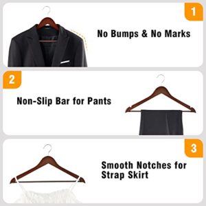 Solid Natural Wooden Coat Hangers, 20 Pack Heavy Duty Smooth Finish Suit Hangers with Non-Slip Pant Bar, Precisely Cut Notches & Chrome Swivel Hook for Closet, Wardrobe