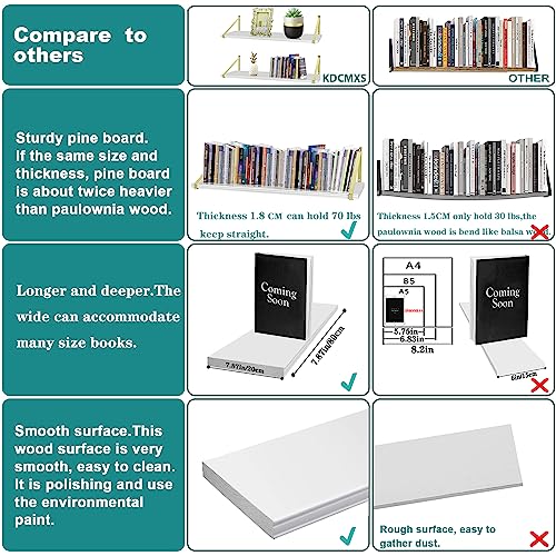 Gold Shelves Pine Wood Large 31.5 x7.87 Inch White Gold Floating Shelves with Elegant Lines,Long White Gold Shelf,Deep Wall Shelf,Gold Bookshelf,White Floating Bookshelf for Wall Decor Set of 2.