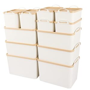anminy 12pcs all-in-one lidded plastic storage bins set white desk basket box drawer organizer kitchen food container with handles removable lids decorative clothes laundry closet cabinet shelf cube