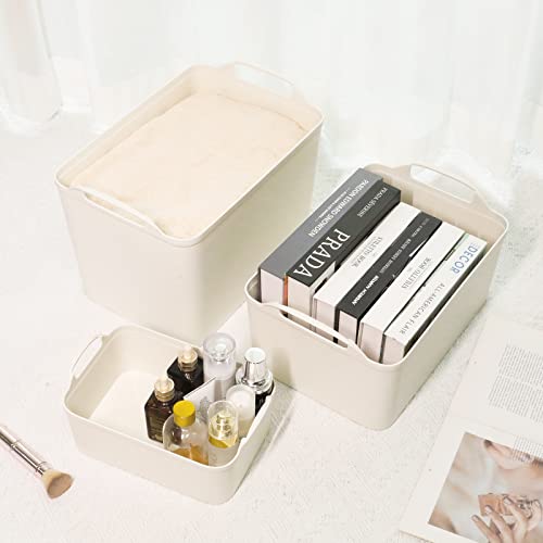 ANMINY 12PCS All-in-One Lidded Plastic Storage Bins Set White Desk Basket Box Drawer Organizer Kitchen Food Container with Handles Removable Lids Decorative Clothes Laundry Closet Cabinet Shelf Cube