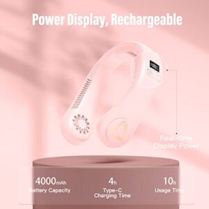 Dyteue Neck Fan Portable Air Conditioner Cooling Neck Fans Personal Bladeless Fan 4000 mAh Rechargeable Leafless USB Fan, 360° 1s Cooling&3 Speeds Blowing, Lightweight Wearable Fan (Pink)