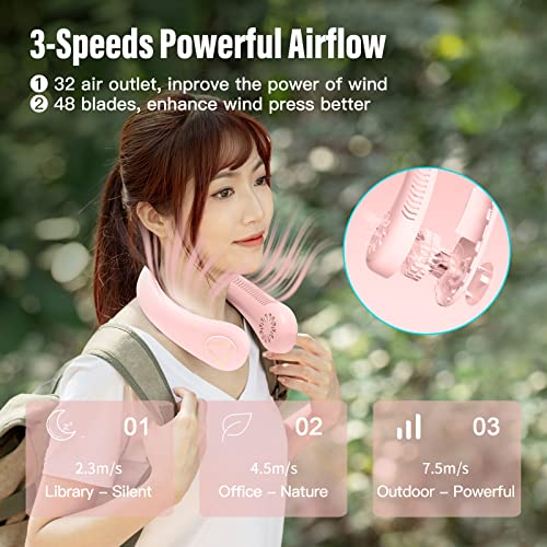 Dyteue Neck Fan Portable Air Conditioner Cooling Neck Fans Personal Bladeless Fan 4000 mAh Rechargeable Leafless USB Fan, 360° 1s Cooling&3 Speeds Blowing, Lightweight Wearable Fan (Pink)