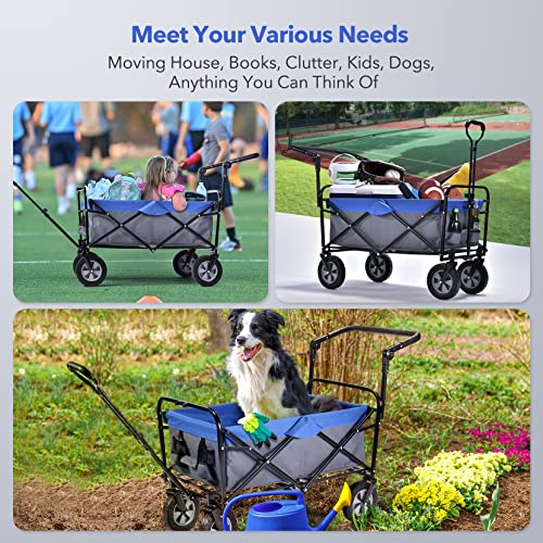 Beglero Heavy Duty Foldable Wagon Cart: Collapsible Wagon, All Terrain Wheels, 100L, 220 lbs Capacity, Push Pull Outdoor Garden Cart Foldable Wagon for Grocery, Camping, Shopping, Sports (Blue-Black)