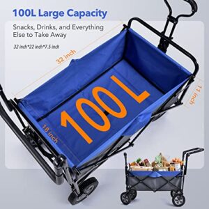 Beglero Heavy Duty Foldable Wagon Cart: Collapsible Wagon, All Terrain Wheels, 100L, 220 lbs Capacity, Push Pull Outdoor Garden Cart Foldable Wagon for Grocery, Camping, Shopping, Sports (Blue-Black)