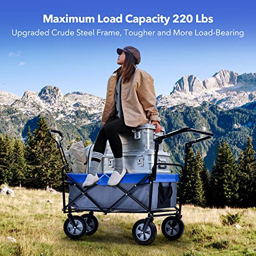 Beglero Heavy Duty Foldable Wagon Cart: Collapsible Wagon, All Terrain Wheels, 100L, 220 lbs Capacity, Push Pull Outdoor Garden Cart Foldable Wagon for Grocery, Camping, Shopping, Sports (Blue-Black)