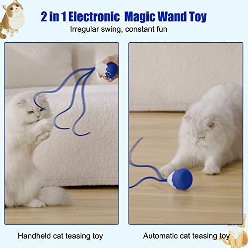 Petcronies Cat Wand Toy, Automatic Silicone Tail Teaser Toy 2 in 1, Electronic Interactive Toy for Indoor Cats, Rechargeable Exercise Toy for Kitten-Navyblue