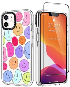 gultmee for iphone 12 case & iphone 12 pro case 6.1inch with 1 screen protector,cute rainbow face print slim design with shockproof pc bumper protective cover clear case for women girls man