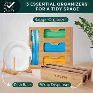 YOLYN Ziplock Bag Organizer & Plastic Wrap Dispenser with Cutter - Bamboo Kitchen drawer organizer, Foil & Food Bag Storage Organizer Compatible with Gallon, Quart, Sandwich and Snack Bags