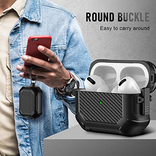 Maxjoy for AirPods Pro Case, Carbon Fiber Secure Lock Clip Full Body Shockproof Hard Shell Protective Case Cover with Keychain for Apple AirPod Pro (2019), Black