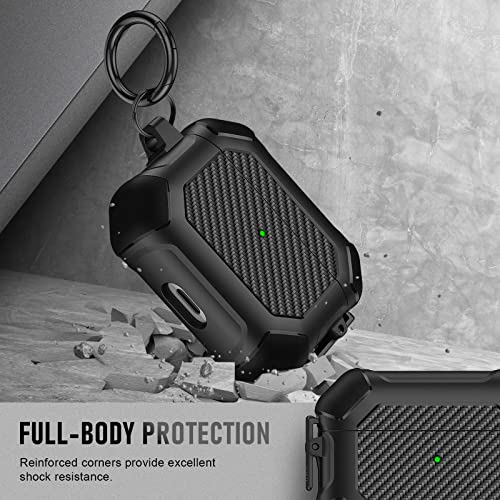 Maxjoy for AirPods Pro Case, Carbon Fiber Secure Lock Clip Full Body Shockproof Hard Shell Protective Case Cover with Keychain for Apple AirPod Pro (2019), Black