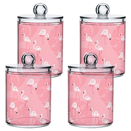 Kigai 4PCS Pink Flamingos Qtip Holder Dispenser with Lids - 14 oz Bathroom Storage Organizer Set, Clear Apothecary Jars Food Storage Containers, for Tea, Coffee, Cotton Ball, Floss