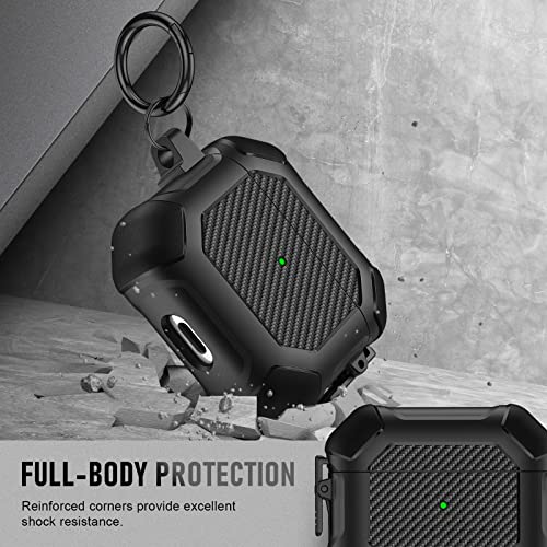 Maxjoy for for Airpods 3rd Generation Case, Carbon Fiber Secure Lock Clip Full Body Shockproof Hard Shell Protective Apple for Airpods 3 Case Cover with Keychain for AirPod 3rd Gen 2021 for Men, Black