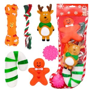 ZALALOVA Christmas Dog Stocking Gifts Toys Set, 6 PCS Xmas Dogs Toys with Squeaky Toys Chew Toys Assorted Crutch Gingerbread Man Bone Shape Christmas Candy Cane Shape Chewer Interactive Ball Gifts