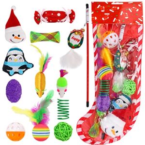 ZALALOVA Christmas Stocking Cats Toys Gifts Set, 12 Pcs Xmas Cat Toys Gifts Includes Interactive Toys Squeaky Toys, Balls Christmas Candy Bell Cat Teaser Penguin Santa Shape Toys for Small Pets